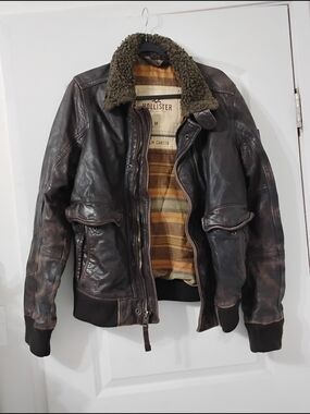 Hollister Men's Brown Leather Bomber Jacket with Sherpa Collar Palm Canyon M